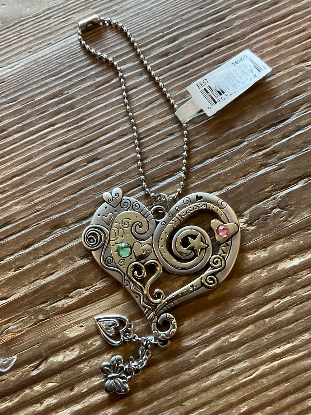 GANZ Silver color Heart with Pink & Green Stones purse/bag charm or key holder